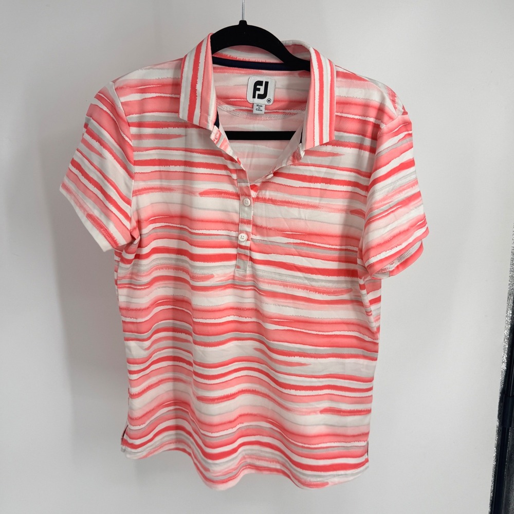FootJoy Womens Pink Orange Watercolor Stripe Short Sleeve Golf Polo Shirt M